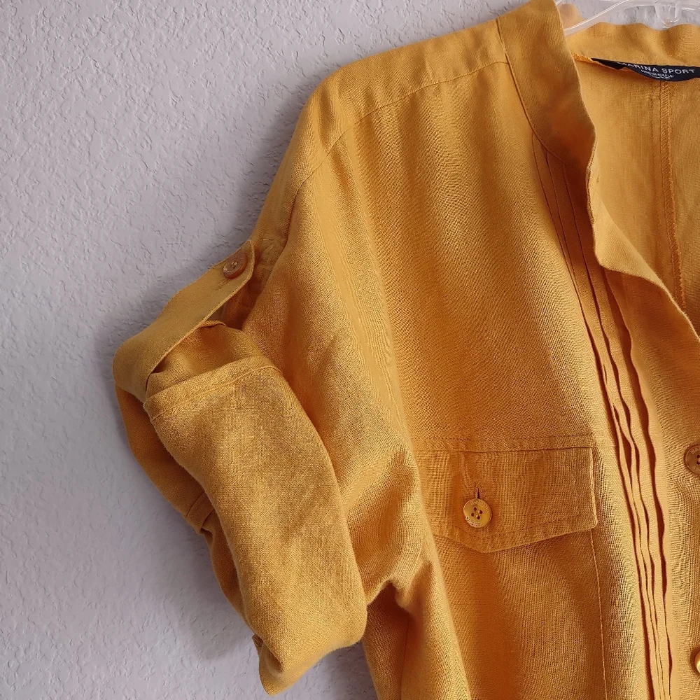 ‼️SOLD‼️ MARINA RINALDI Size US 12 Top 100% Linen Mango-Yellow Shirt Dress - Picture 9 of 16